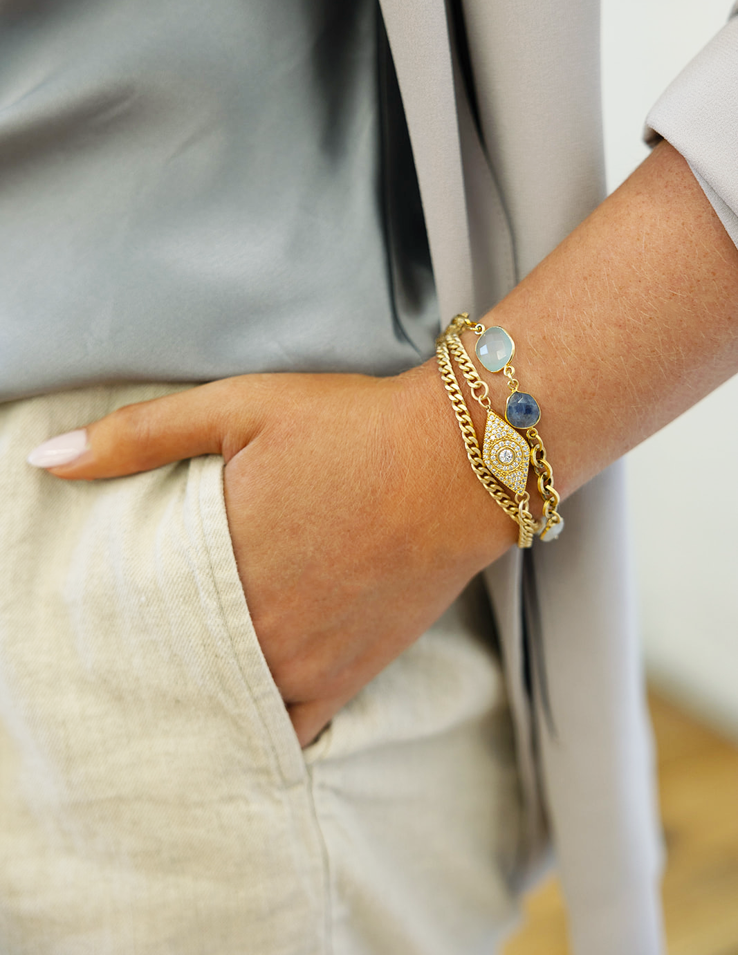 Gold Mixed Gemstone Bracelet with Kyanite, Moonstone and Chalcedony