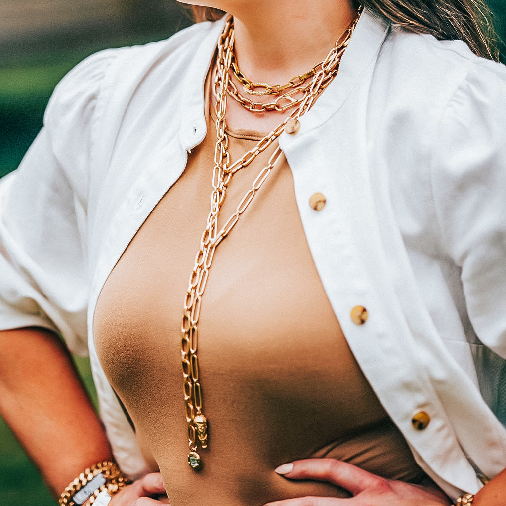 Chunky Matte Gold Lariat with Crystal Pendant