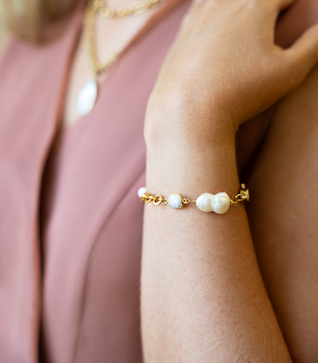 Gold Moonstone and Pearl Bracelet