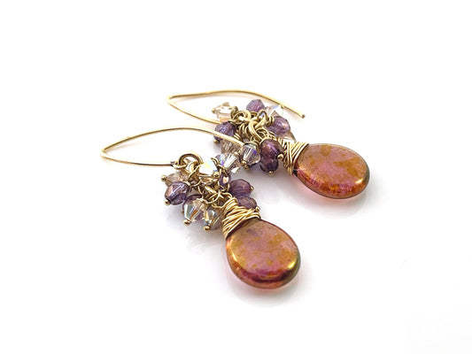 Czech Glass and Swarovski Crystal Cluster Wire Wrapped Earrings