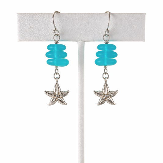 Blue Sea Glass Sterling Starfish Earrings