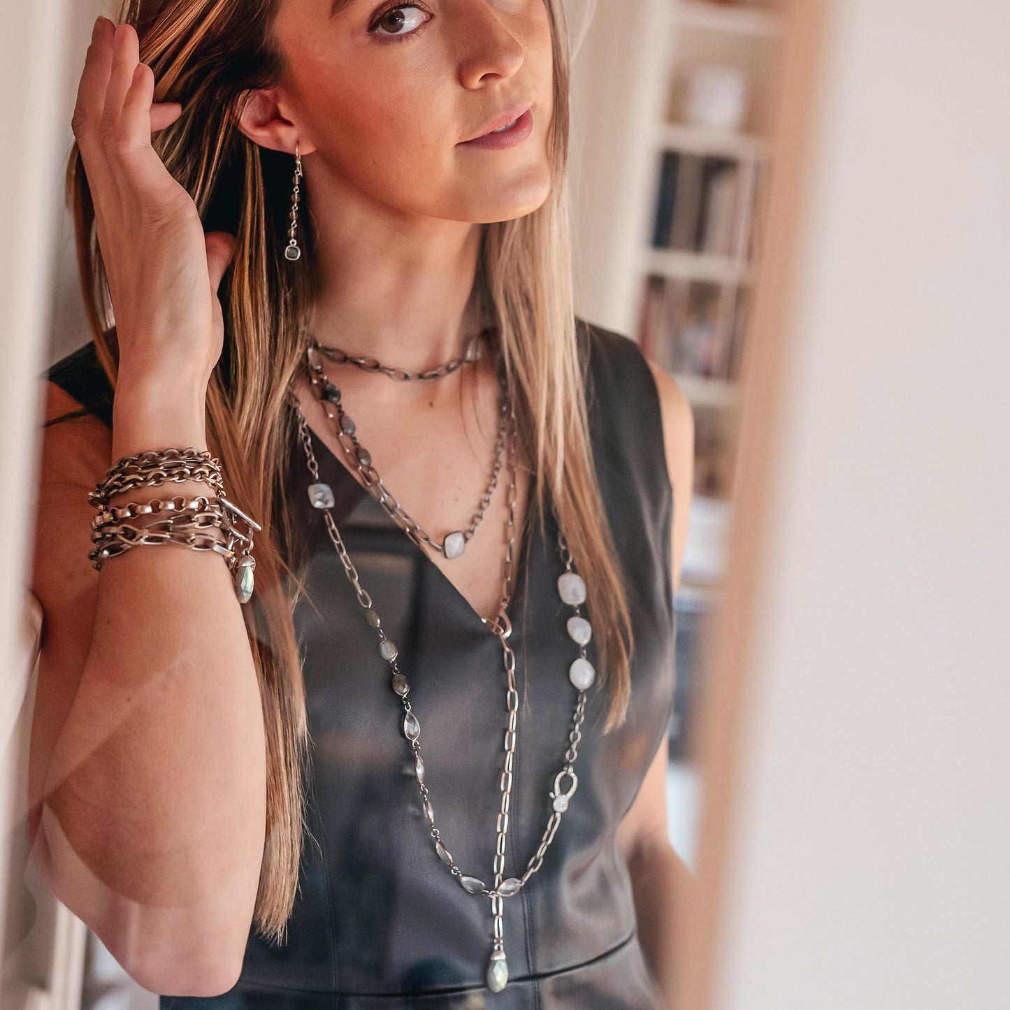Labradorite Gray Crystal Chain Earrings