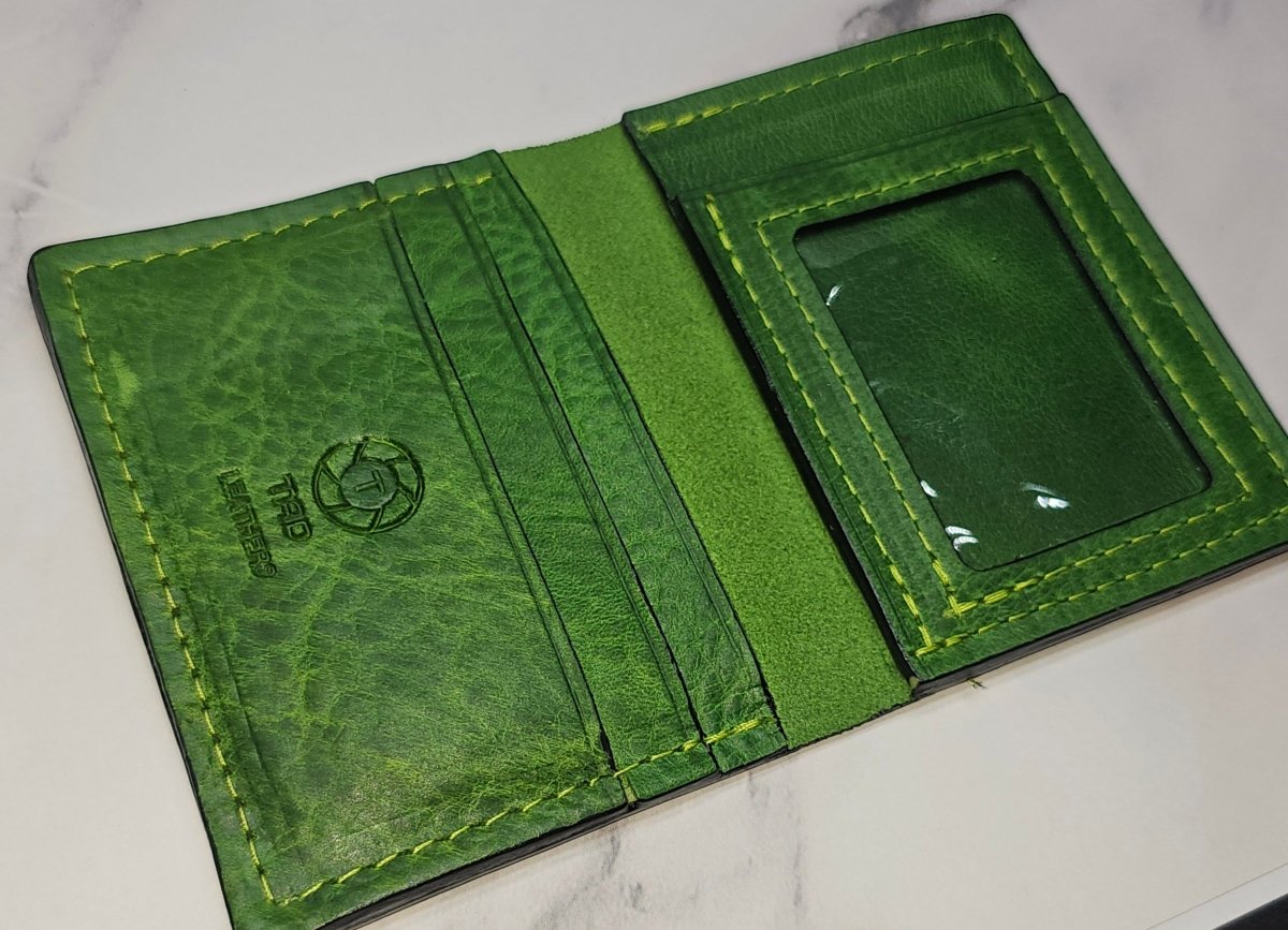 Vibrant Green Leather Card Wallet - Bold Handcrafted ID Holder Design
