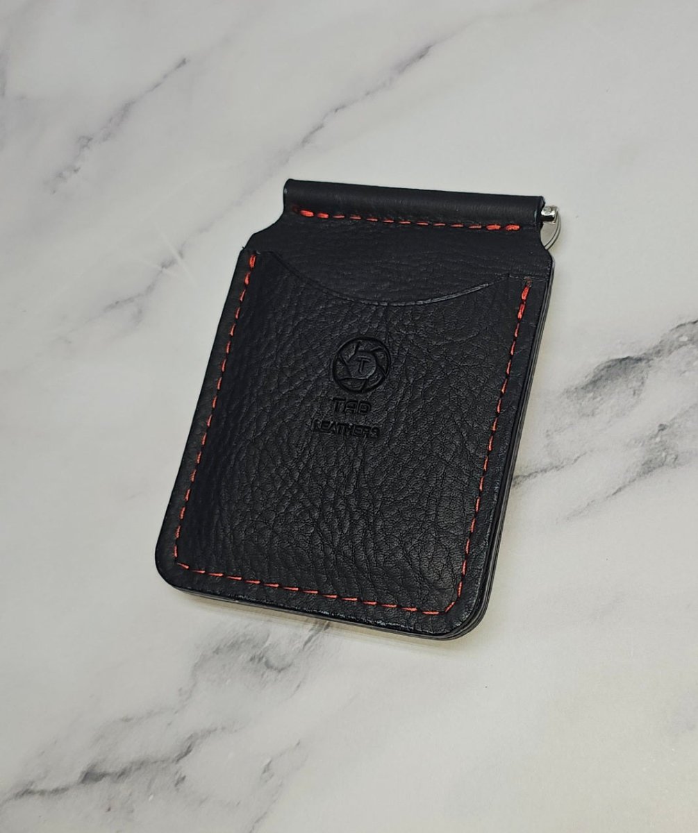 Handcrafted Black Leather Money Clip - Red Accent Stitching