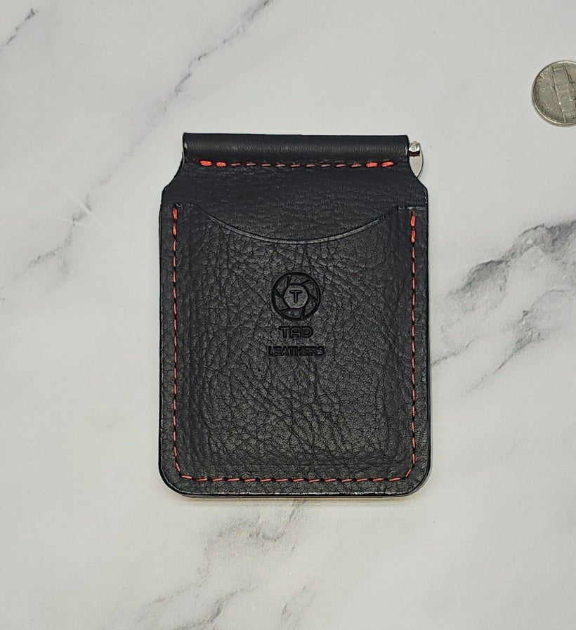 Handcrafted Black Leather Money Clip - Red Accent Stitching