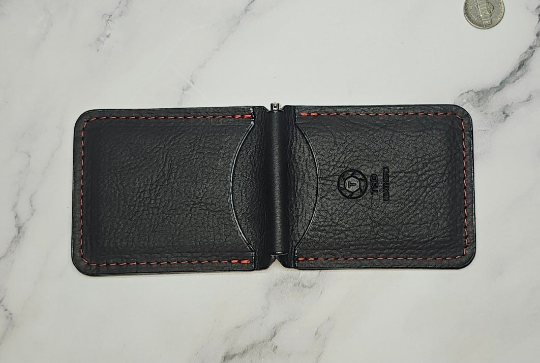 Handcrafted Black Leather Money Clip - Red Accent Stitching