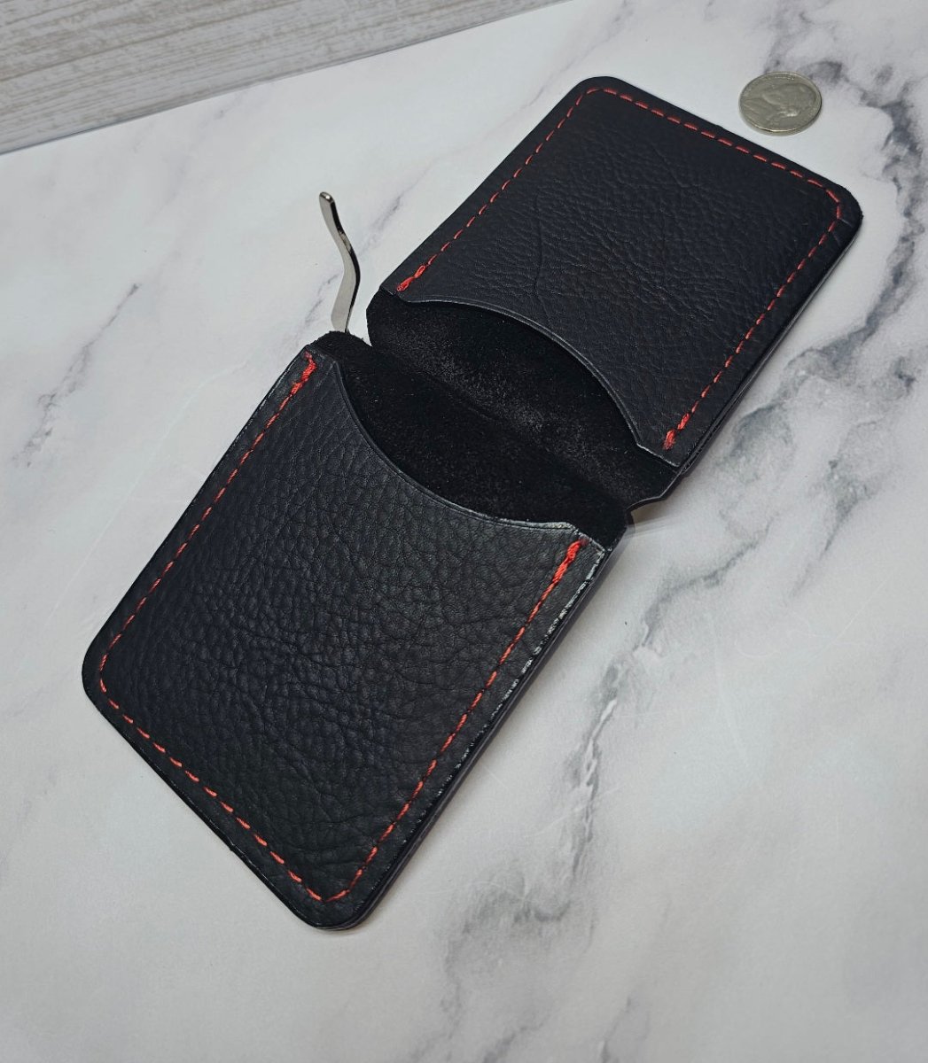 Handcrafted Black Leather Money Clip - Red Accent Stitching
