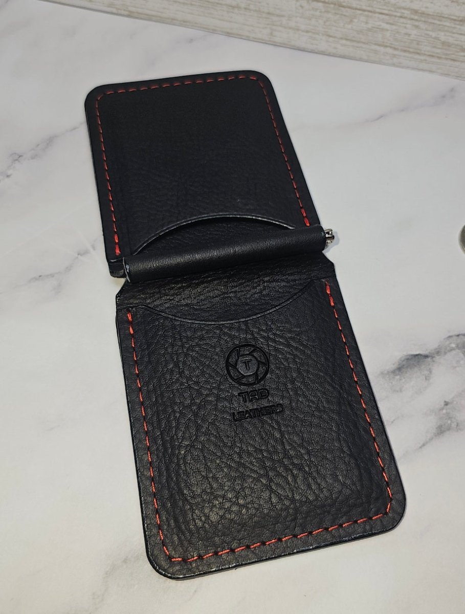 Handcrafted Black Leather Money Clip - Red Accent Stitching
