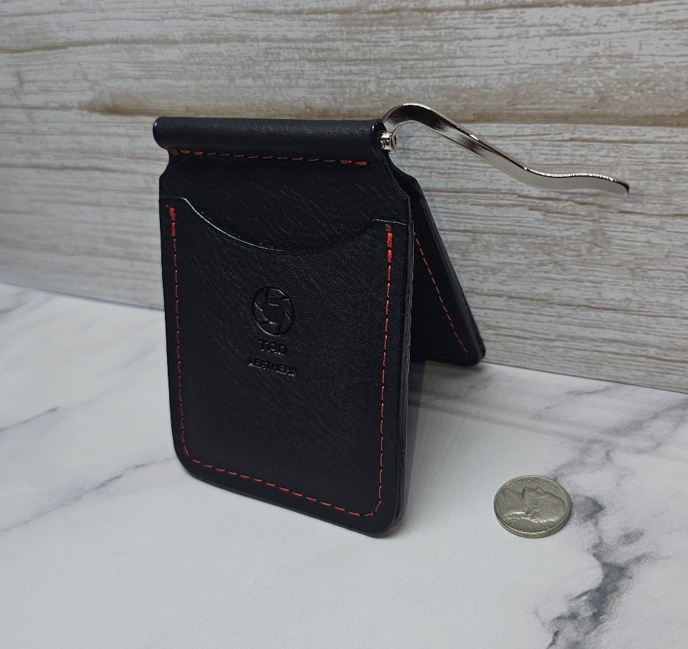 Handcrafted Black Leather Money Clip - Red Accent Stitching