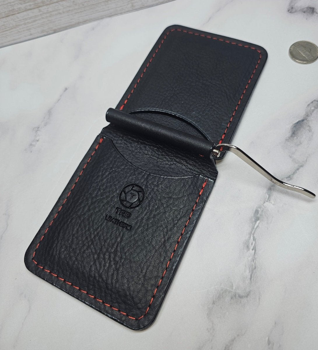 Handcrafted Black Leather Money Clip - Red Accent Stitching