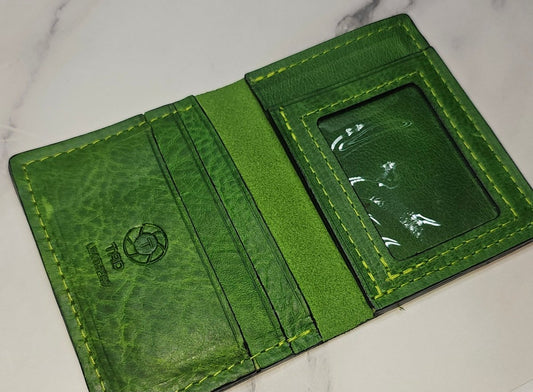 Vibrant Green Leather Card Wallet - Bold Handcrafted ID Holder Design