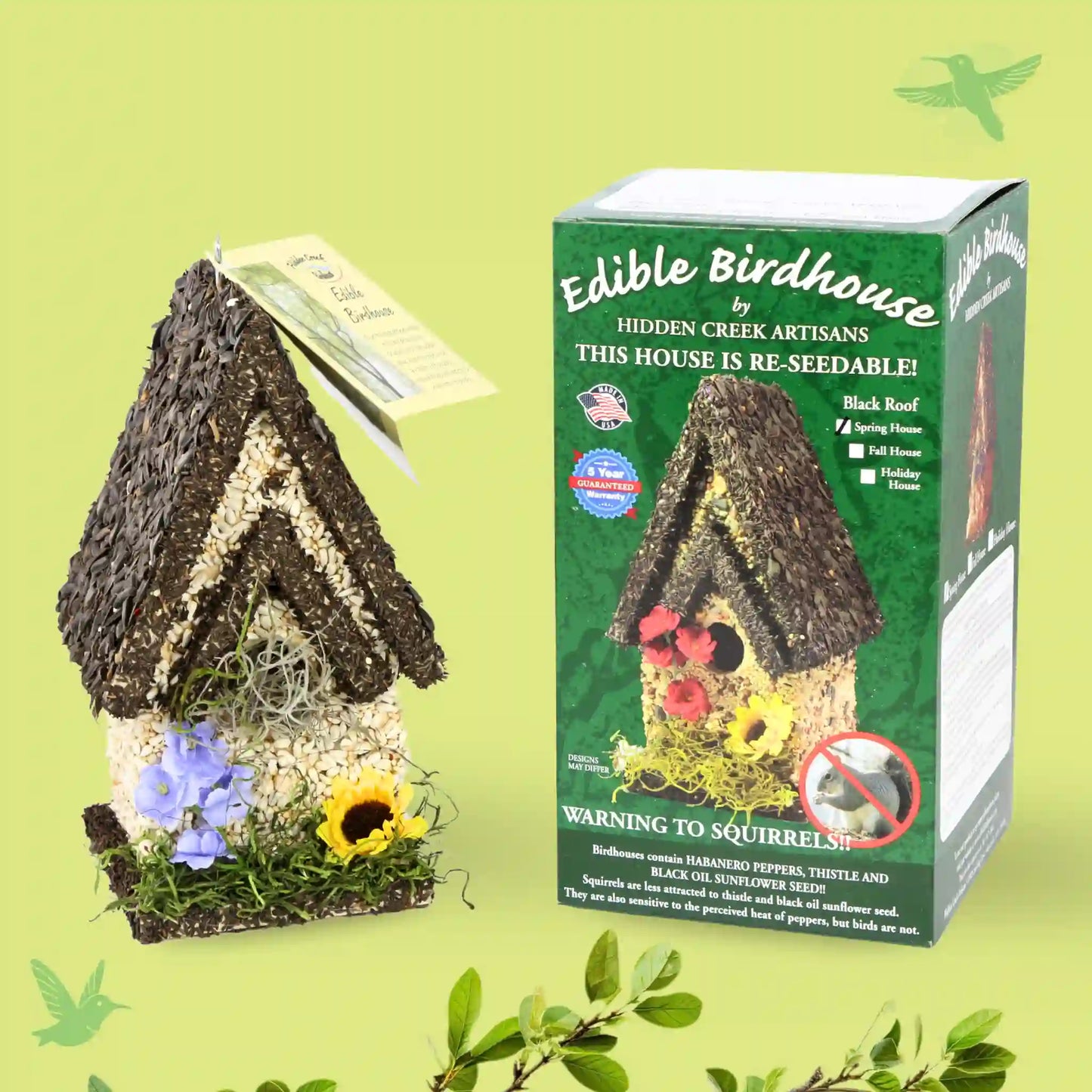 Handmade Edible Birdhouse - Dark Roof, Tall Birdhouse Covered in Bird Seeds