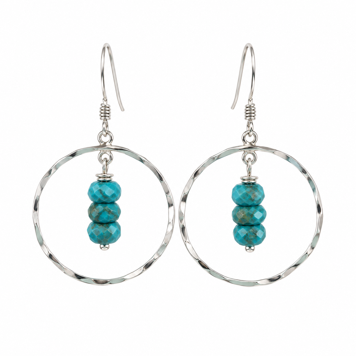 Hammered Circle Earrings with Turquoise - Sterling Silver