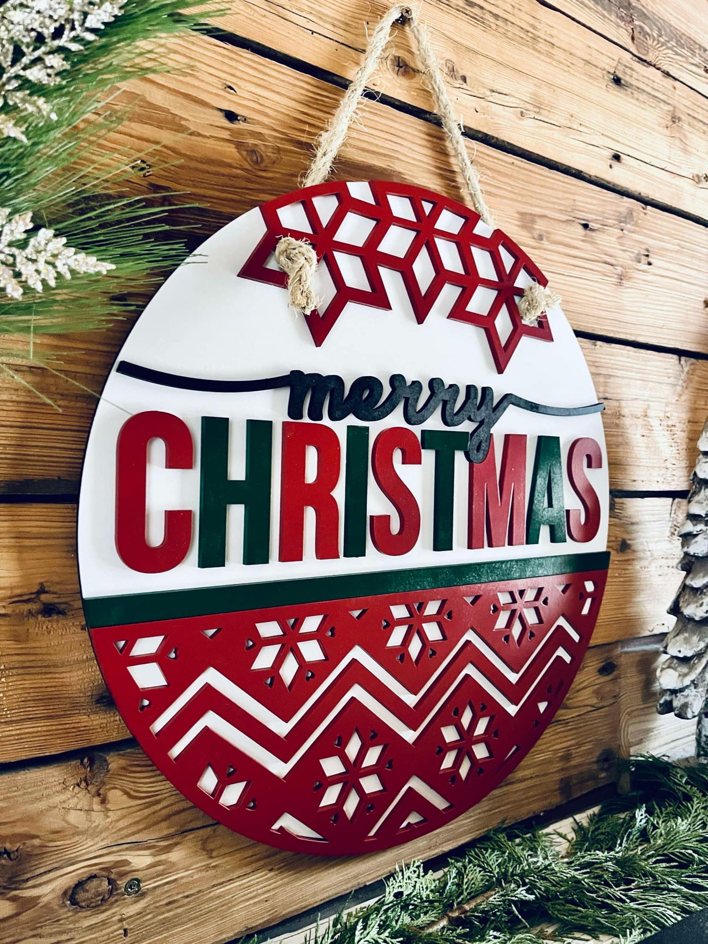 Merry Christmas Round Sign | Porch Door Hanger | Front Door Decor