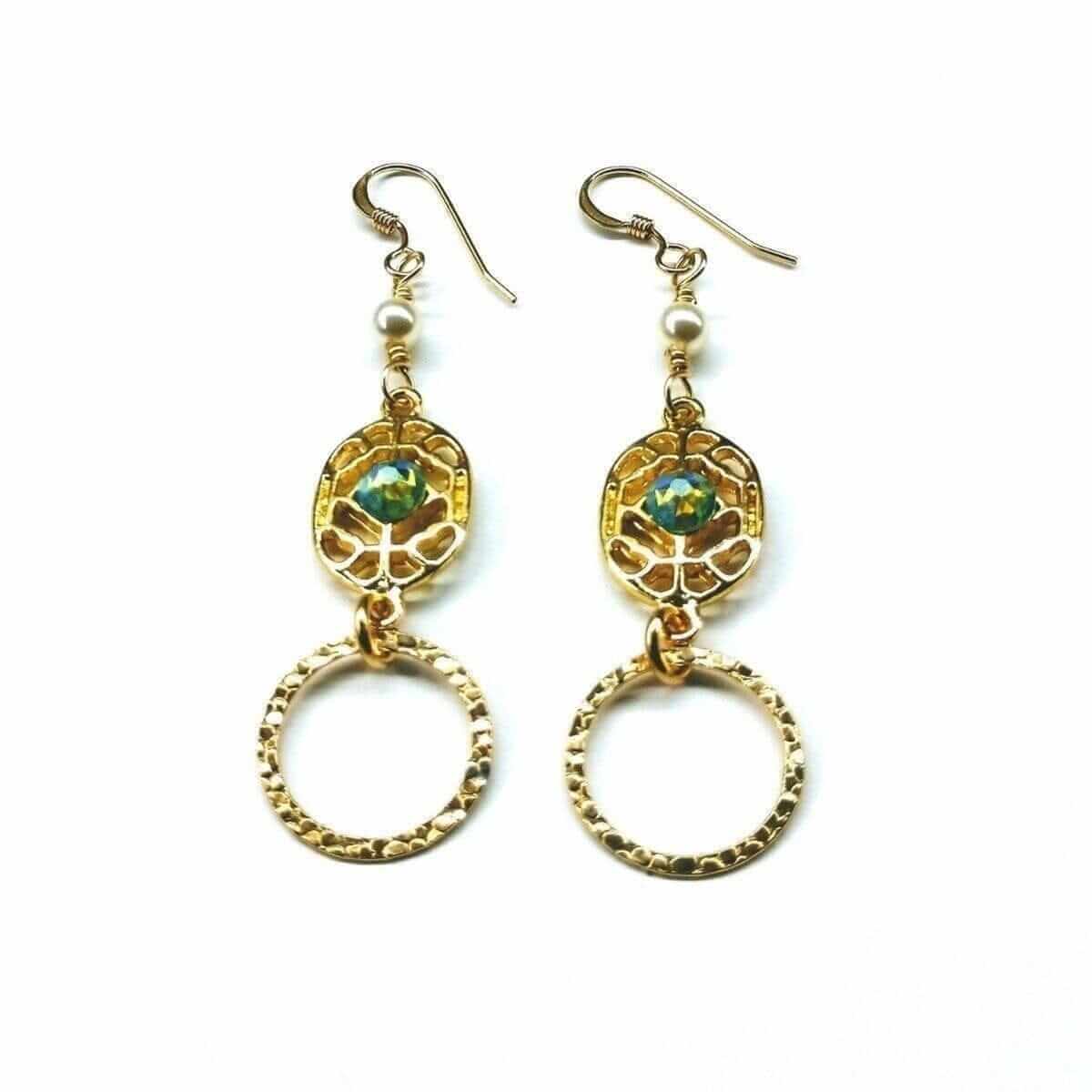 14 KT Gold Filled Green Crystal Hammered Circle Filigree Earrings