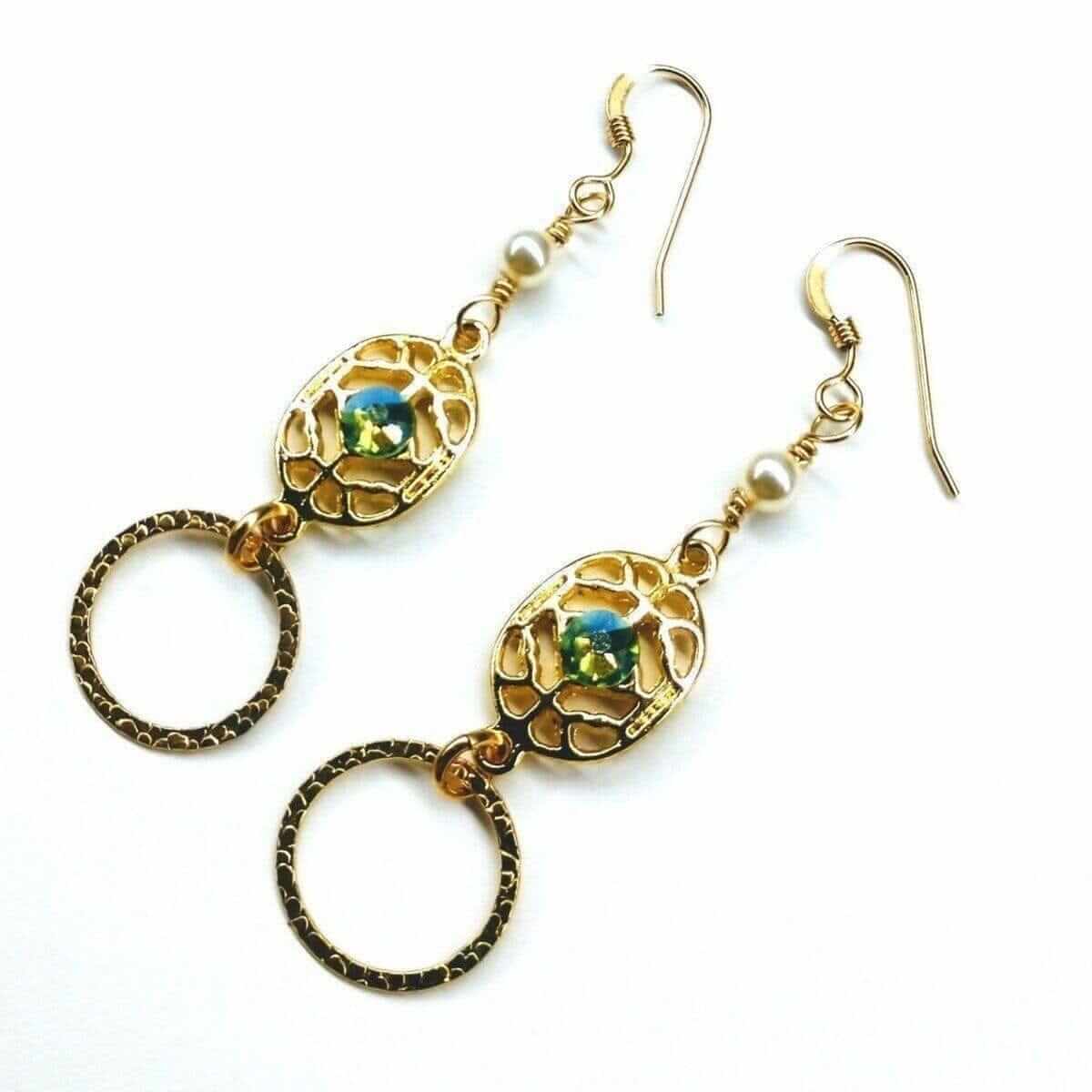 14 KT Gold Filled Green Crystal Hammered Circle Filigree Earrings