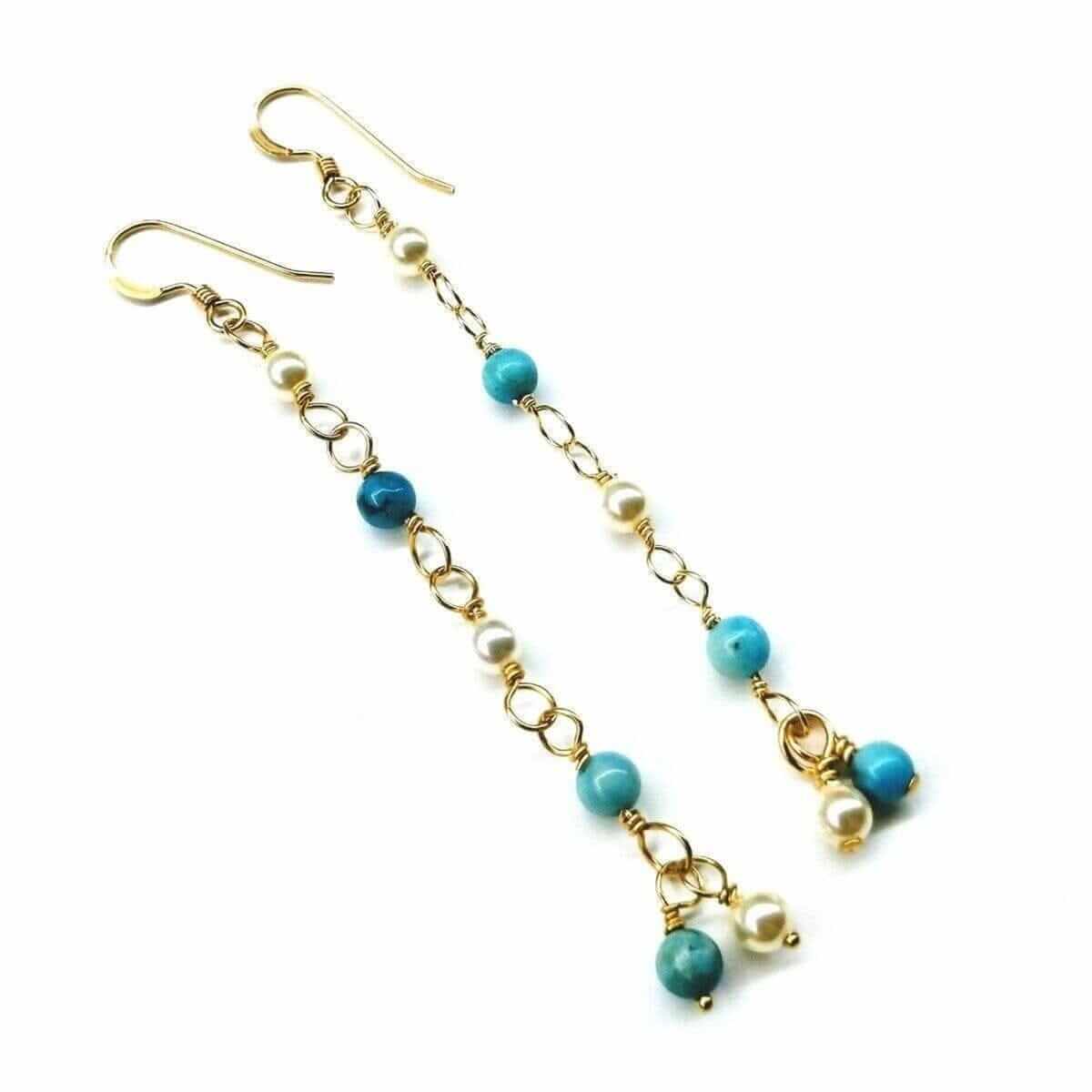 14 KT Gold Filled Wire Wrapped Long Turquoise Pearl Dangle Earrings