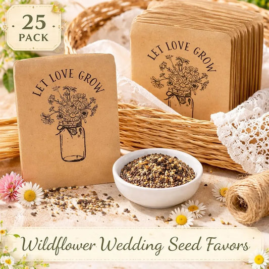 25 Pack Wildflower Seed Wedding Favors – Let Love Grow Mason Jar Packets