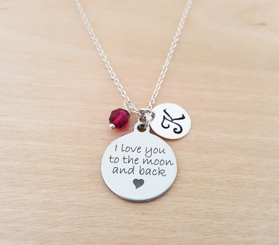I Love You to the Moon and Back Necklace – Sterling Silver with Birthstone & Initial Charm