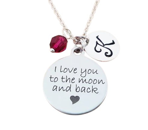 I Love You to the Moon and Back Necklace – Sterling Silver with Birthstone & Initial Charm