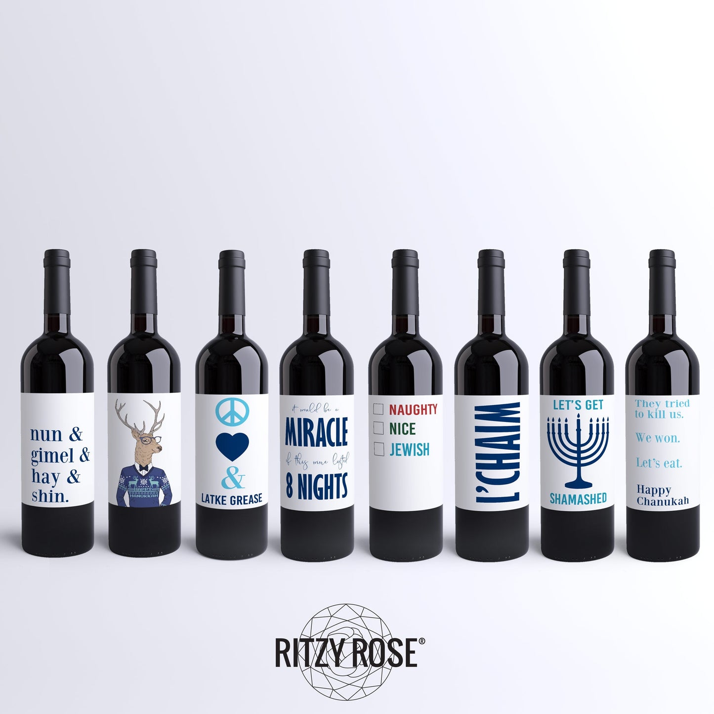 Funny Hanukkah Wine Labels, Pack of 8