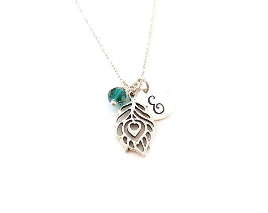 Peacock Feather Necklace – Sterling Silver with Birthstone & Initial Charm