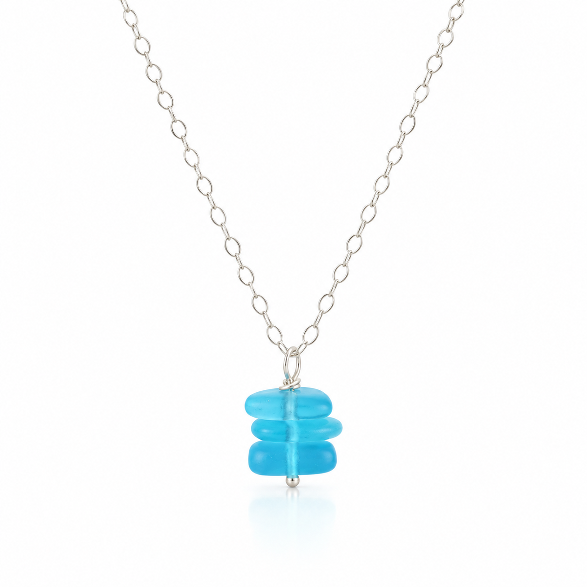 Aqua Sea Glass Trio Stack Necklace – Sterling Silver, 18”