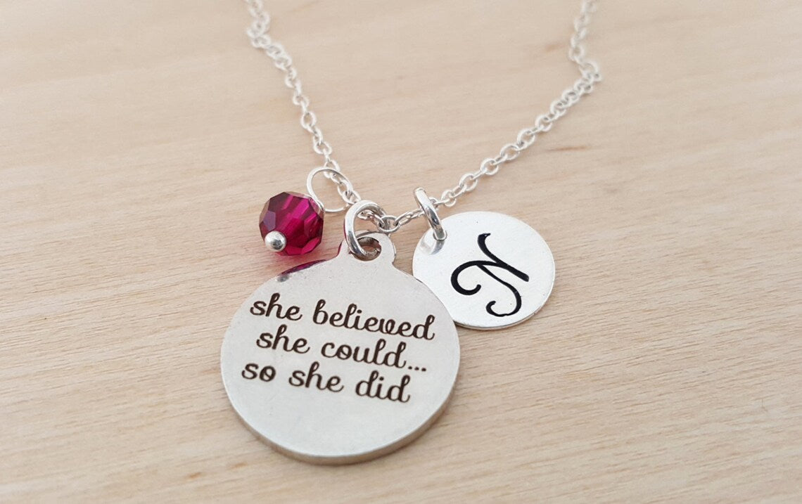 “She Believed She Could So She Did” Necklace – Stainless Steel Charm with Sterling Silver Chain, Birthstone & Initial