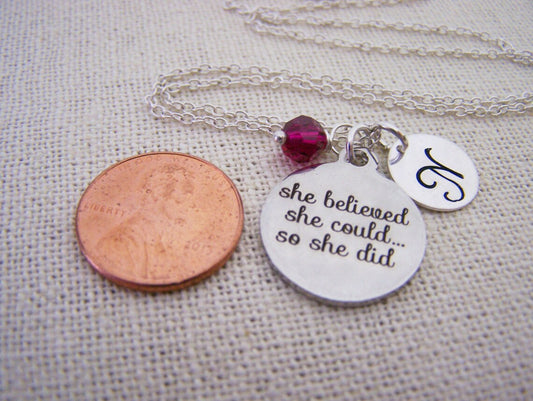 “She Believed She Could So She Did” Necklace – Stainless Steel Charm with Sterling Silver Chain, Birthstone & Initial