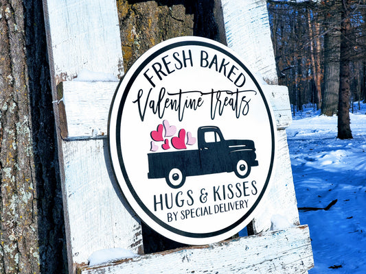 Valentine's Day Fresh Baked Treats Sign | Raised Farmhouse Sign | Valentine's Day Decor | Round Sign