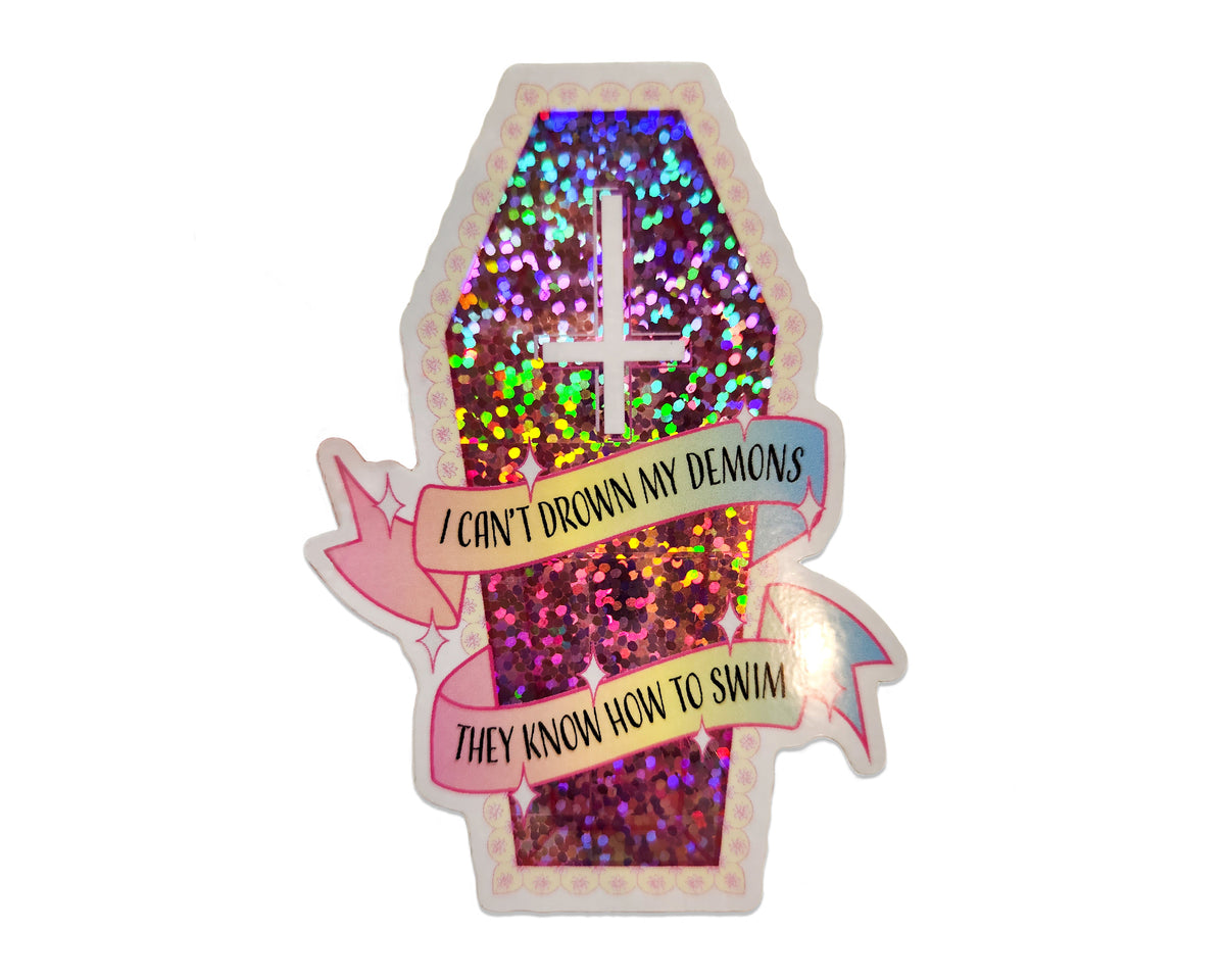 Pink Holographic Hidden Skeleton Coffin Sticker, 2.5 x 3.5 in.