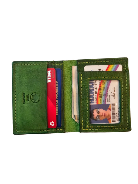 Vibrant Green Leather Card Wallet - Bold Handcrafted ID Holder Design