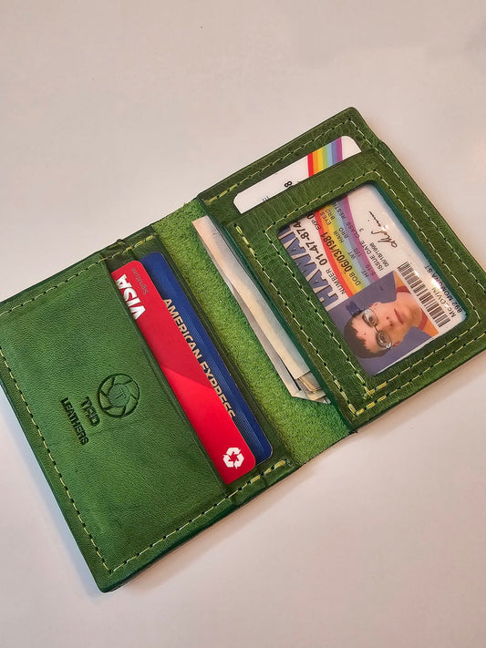 Vibrant Green Leather Card Wallet - Bold Handcrafted ID Holder Design