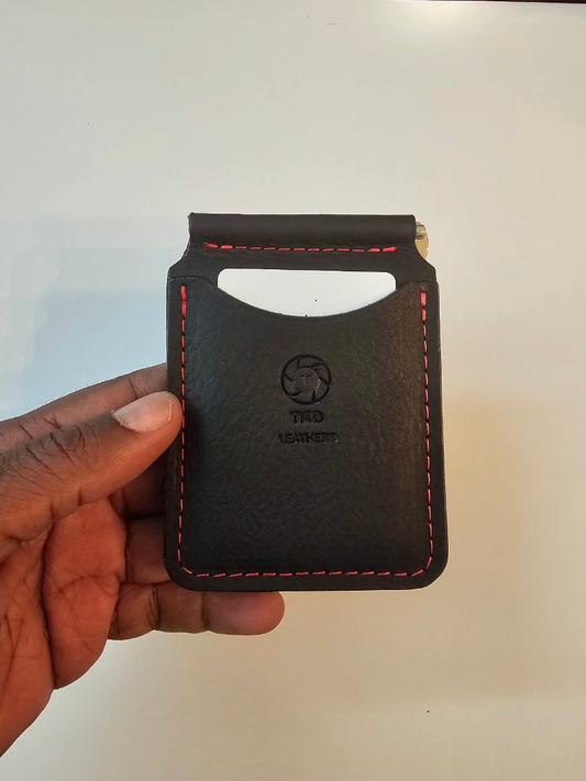 Black Leather Money Clip with Red Stitching | Premium Full-Grain Leather by Tad Leathers