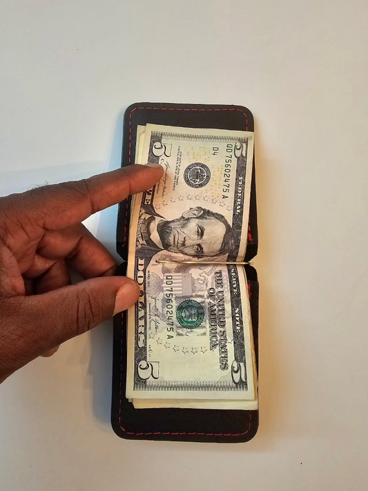 Black Leather Money Clip with Red Stitching | Premium Full-Grain Leather by Tad Leathers