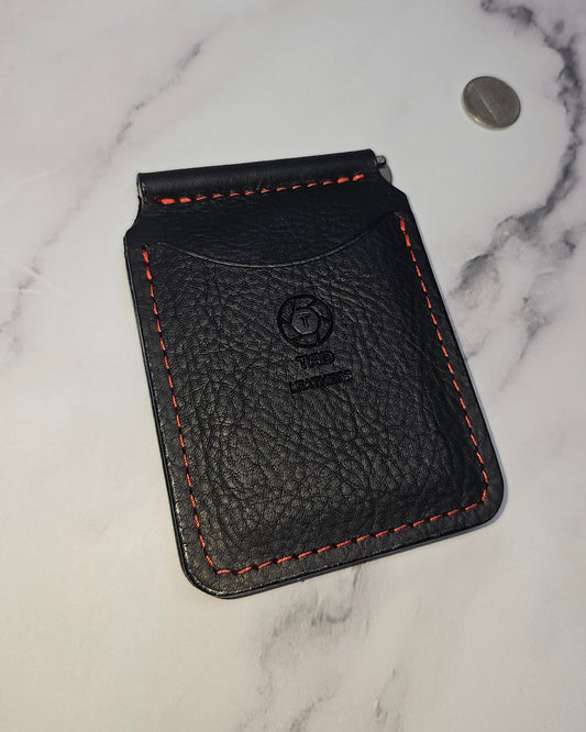 Black Leather Money Clip with Red Stitching | Premium Full-Grain Leather by Tad Leathers