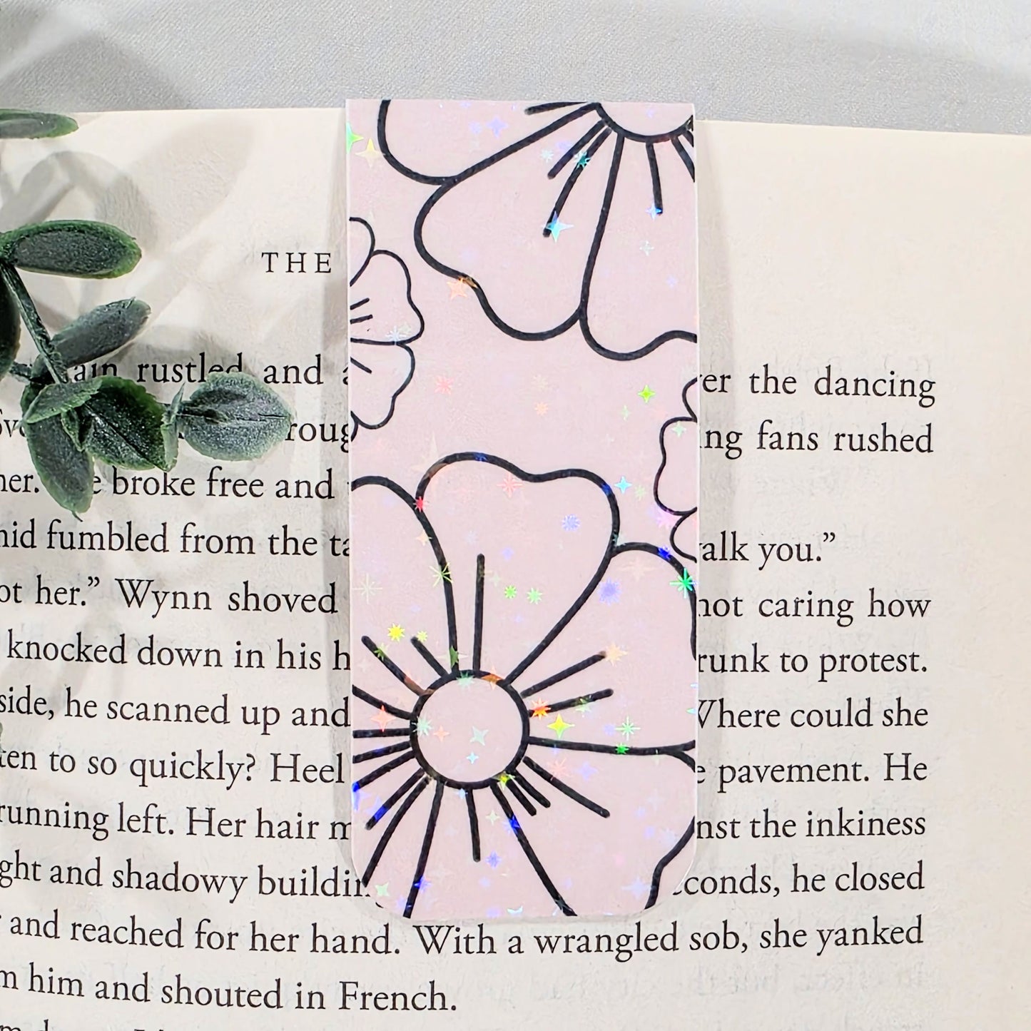 Black Floral Outline | Sparkle Holographic Magnetic Bookmark