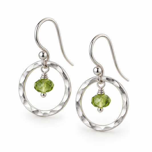 Orbit Peridot Gemstone Earrings – Sterling Silver Hammered Hoops