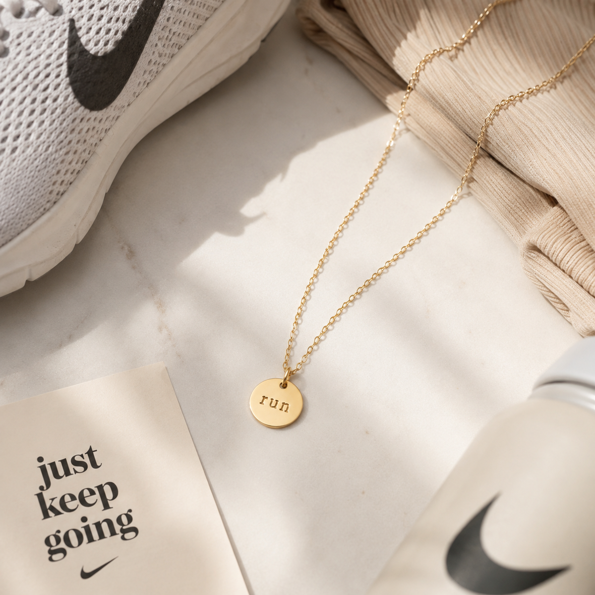 Hand Stamped “Run” Charm – 14k Gold Filled Disc Pendant – Fitness Jewelry for Runners