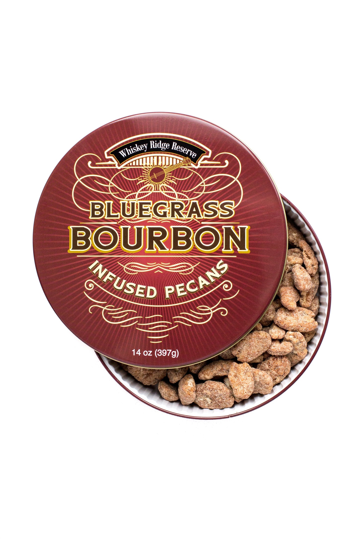 Whiskey Ridge Reserve Bourbon Infused Pecans – 14 oz Tin