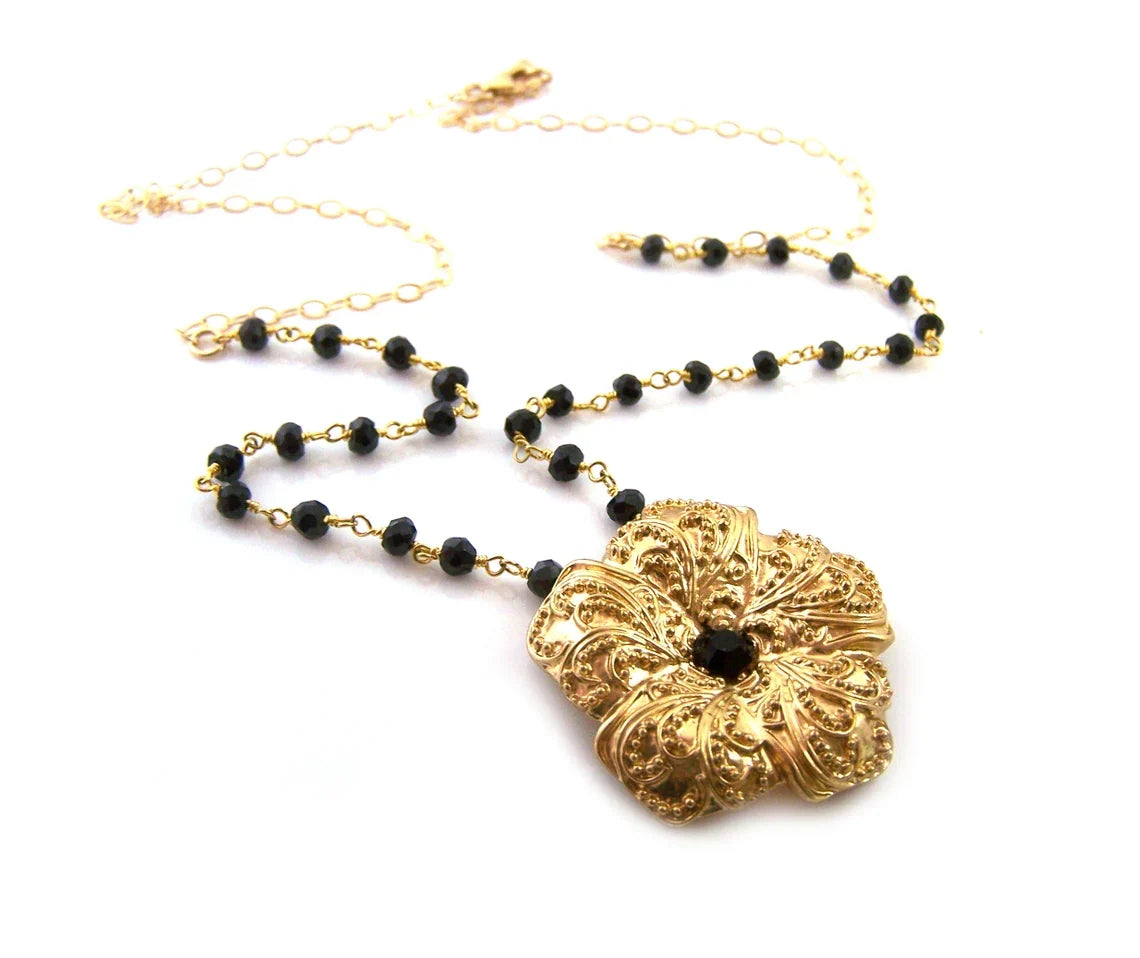 Black Onyx Gold Flower Necklace