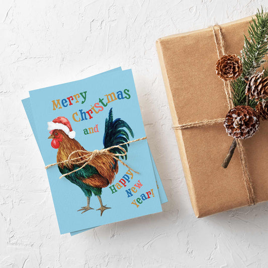 Retro Chicken Christmas and New Year Greeting Cards, Set of 24