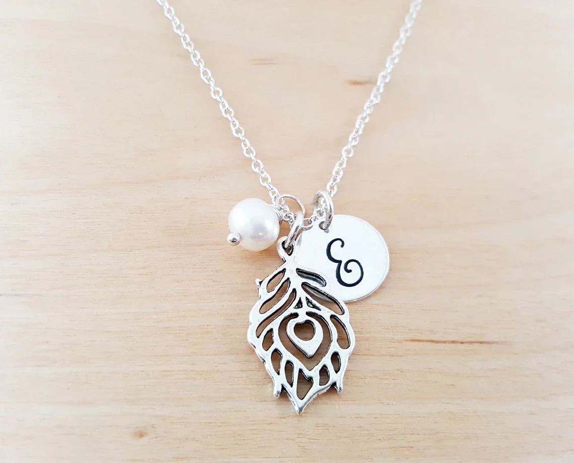 Peacock Feather Necklace – Sterling Silver with Birthstone & Initial Charm