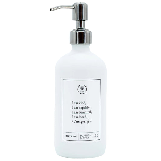 I Am Kind White Glass Dispenser | 16 oz | Plains + Simple