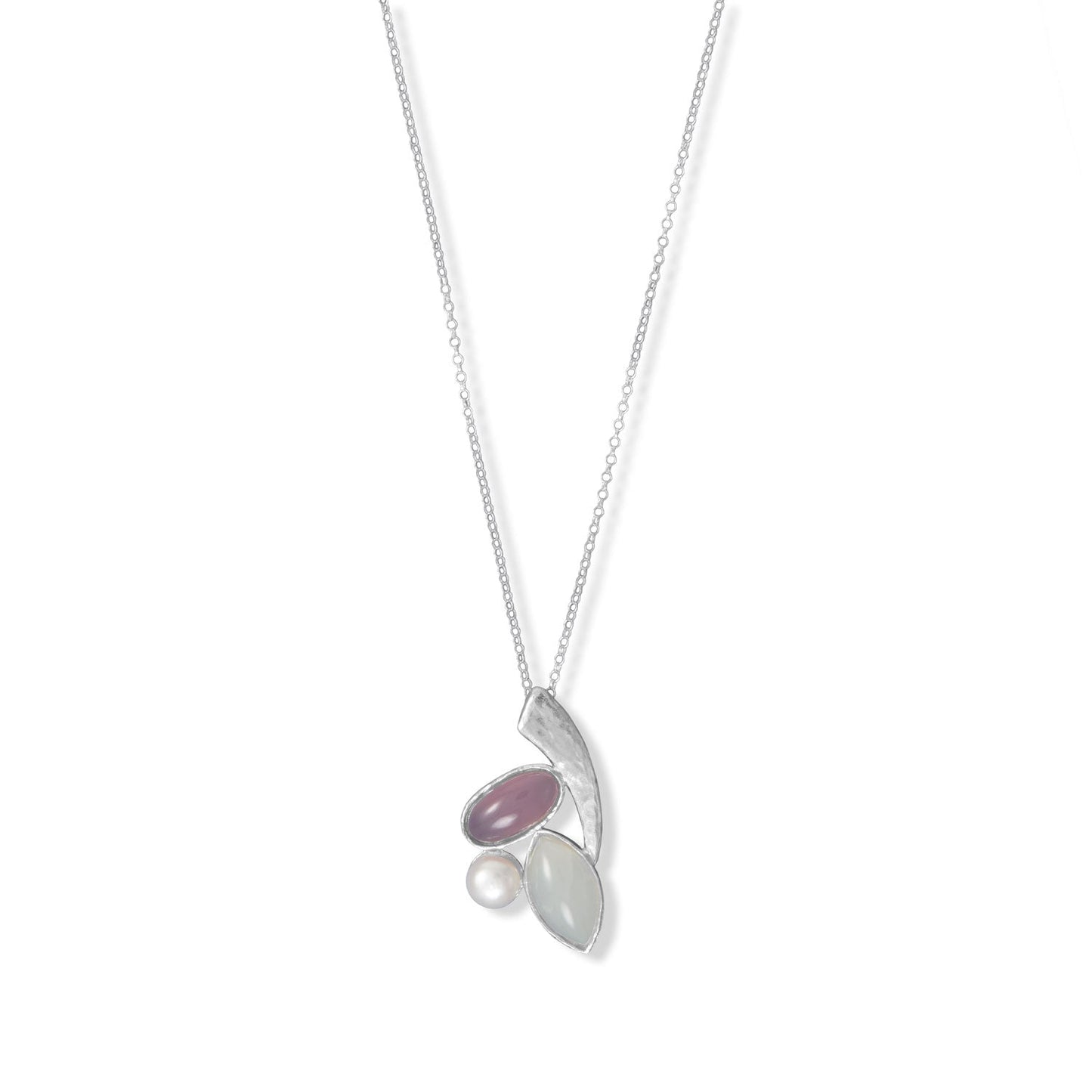 Rainbow Moonstone, Pearl & Pink Chalcedony Pendant Necklace