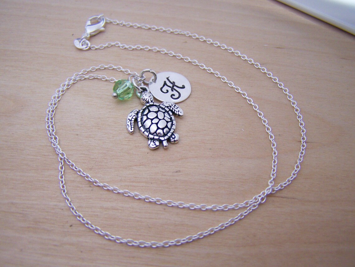 Sea Turtle Necklace – Sterling Silver with Birthstone & Initial Charm