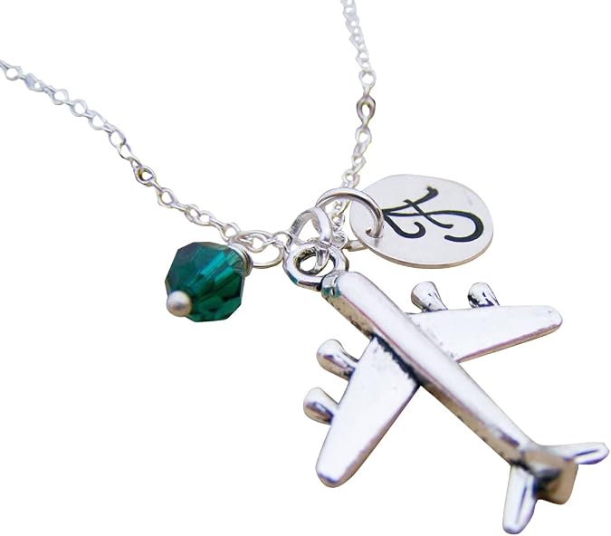 Airplane Charm Necklace – Personalized Initial & Birthstone – Travel Gift