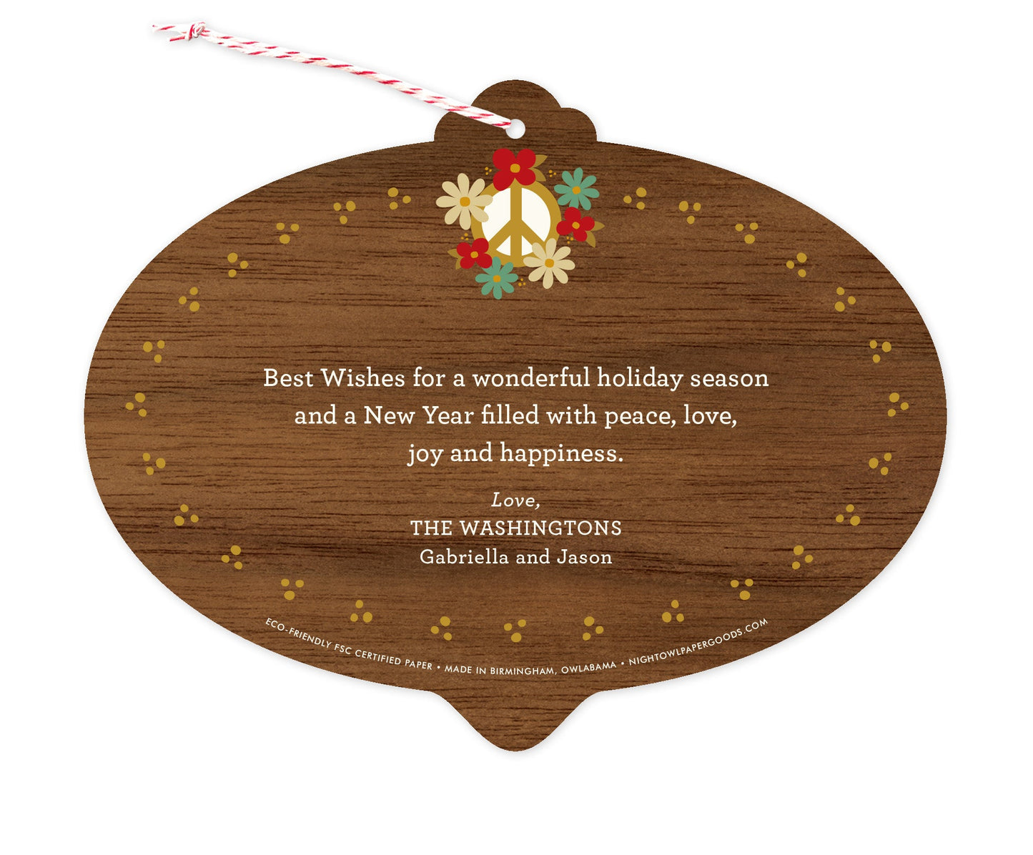 Peace Bulb Walnut Custom Holiday Ornament Card - Wood or Paper