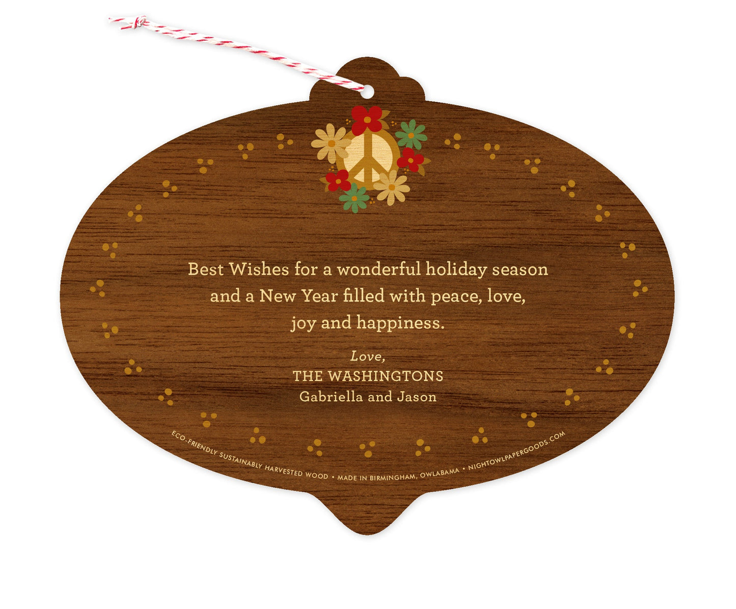 Peace Bulb Walnut Custom Holiday Ornament Card - Wood or Paper