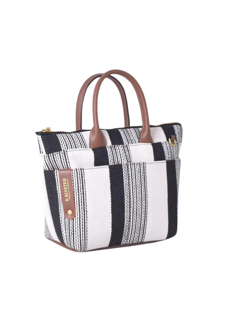 Dot | Small Tote | Black and White Woven + Brown Leather